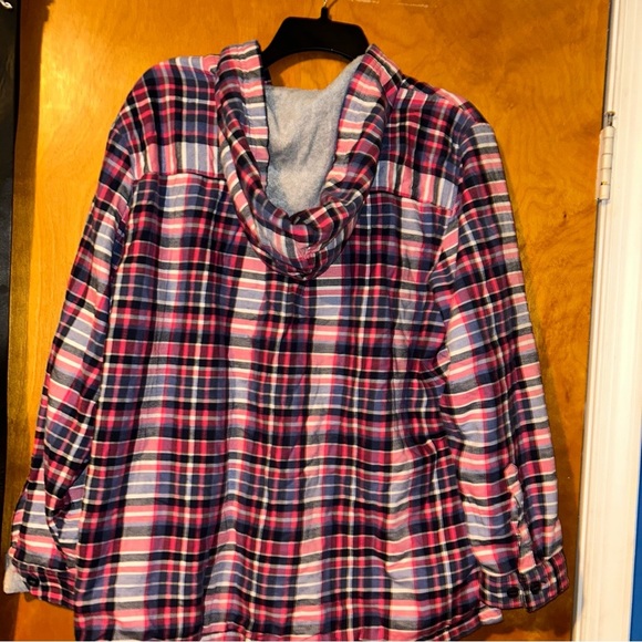 LL BEAN Fleece Lined hooded Flannel Shirt shacket Women XL Plaid Button Up Pink - Picture 3 of 4